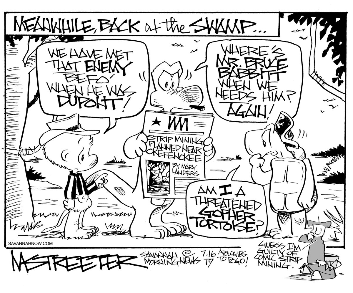 MarkStreeterSMN's tweet photo. A great story by Mary Landers in yesterday's paper inspired today's SMN cartoon. My apologies to the great Walt Kelly! Wednesday's effort: "I Go Pogo!" #Savannah @SavannahOpinion #StreeterCartoon #Pogo #OkefenokeeNationalWildlifeRefuge https://t.co/RrYtpuT0W5