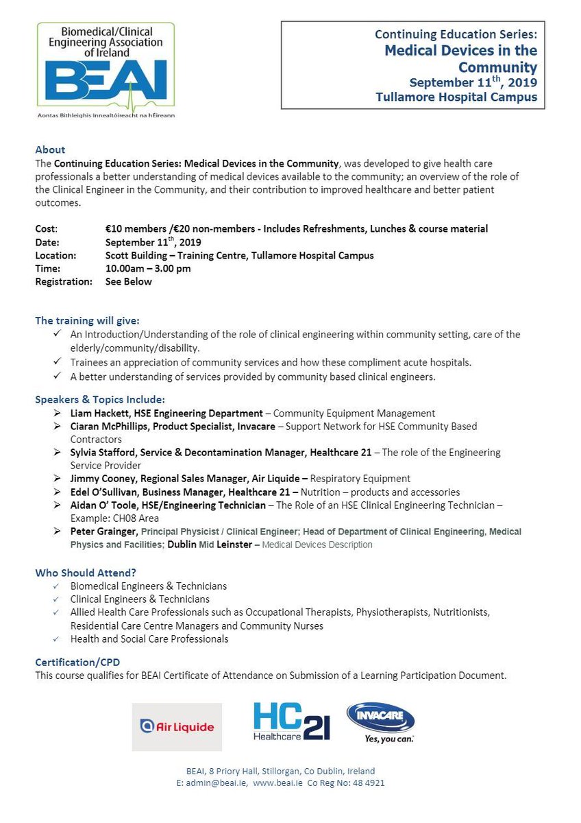 BEAI_Irl's tweet image. MEDICAL DEVICES IN THE COMMUNITY: September 11th, 2019 at Tullamore Hospital Campus

Further information below.