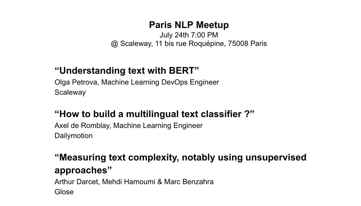 Meetup NLP Paris (@parisnlp) on Twitter photo Next <a href="/ParisNLP/">Meetup NLP Paris</a> abstracts are out! Next Wednesday, We'll have great talks from <a href="/Scaleway_fr/">Scaleway FR</a>, @dailymotion and <a href="/Glose_France/">Glose France</a>. Learn more meetup.com/fr-FR/Paris-NL… Next <a href="/ParisNLP/">Meetup NLP Paris</a> abstracts are out! Next Wednesday, We'll have great talks from <a href="/Scaleway_fr/">Scaleway FR</a>, @dailymotion and <a href="/Glose_France/">Glose France</a>. Learn more meetup.com/fr-FR/Paris-NL…