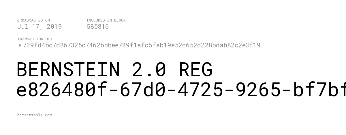 bitscribble_btc's tweet photo. BERNSTEIN 2.0 REG e826480f-67d0-4725-9265-bf7bf545475f 

— Jul 17, 2019

https://t.co/fUxP3JkO3N https://t.co/KRZJG2kxDx
