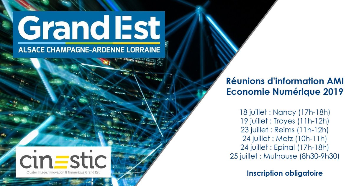 cinestic's tweet photo. Cinestic organise des réunions d'info sur l'#AMI Économie Numérique dans tout le #GrandEst : 
18/07 : Nancy https://t.co/YMpPUN9bdn
19/07 : Troyes
23/07 : Reims https://t.co/eFfHkCJZL1
24/07 : Metz https://t.co/5WoghzPE5r
24/07 : Épinal https://t.co/Uz8Gc6PfNl
25/07 : Mulhouse https://t.co/Wz7Lg94WZK