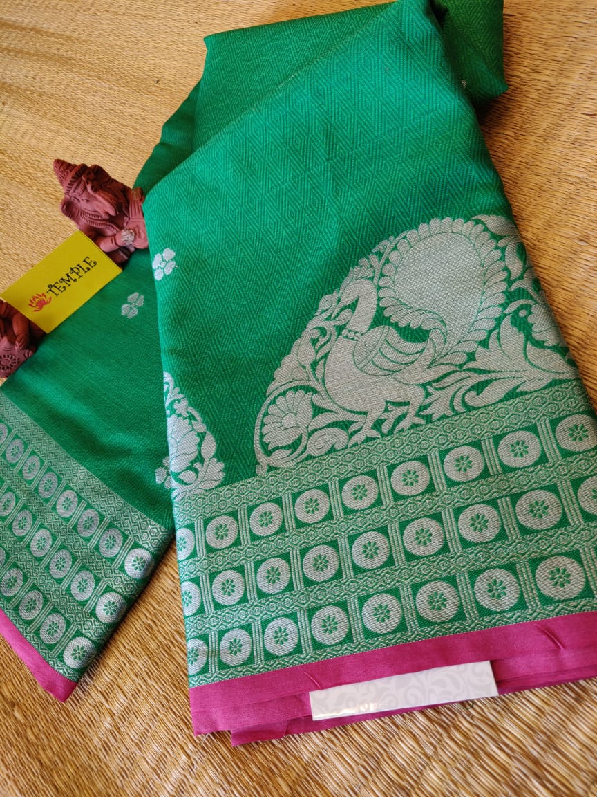 Silver Green Design Tanchi Silk Sarees now at available in "TEMPLE THE DESINGER STUDIO" at 120-A velachery Main Road, Rajakilpakkam, Near Seliayur, chennai-600073.