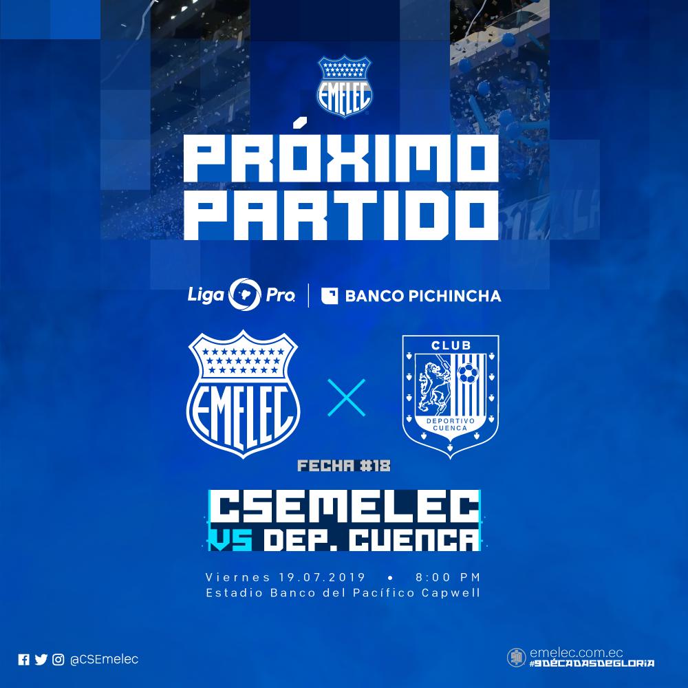 CSEmelec's tweet photo. 🏆 #LigaProBancoPichincha
⚽️ @CSEmelec vs @DCuencaOficial 
📆 Viernes, 19 de julio, 2019 
⏰ 8:00 pm 
🏟 Estadio Banco del Pacífico Capwell https://t.co/gV6QrXGE90