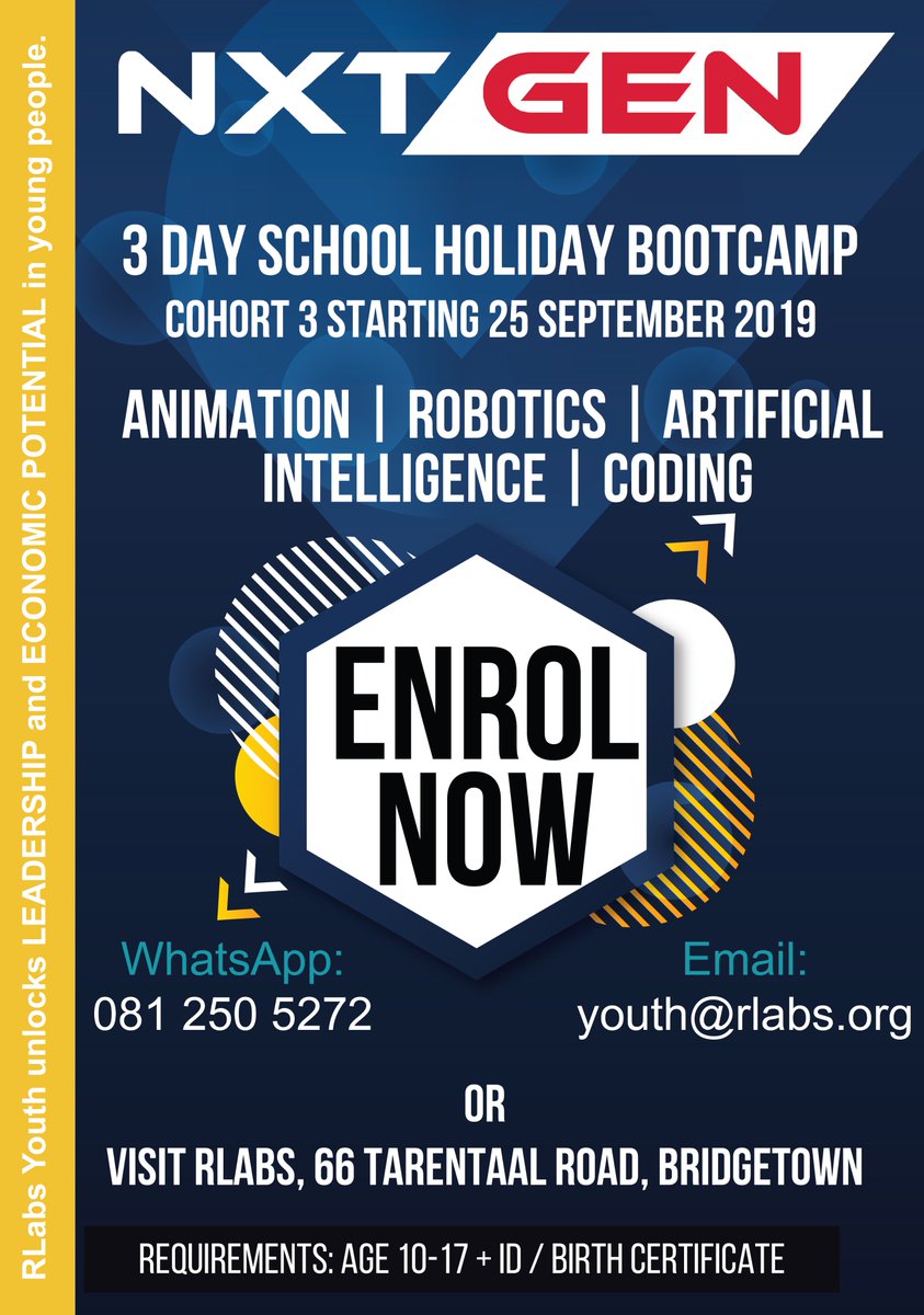 RLabs's tweet photo. ICYMI: Another amazing opportunity for youth aged 10 - 17 years old that wants to further develop their skills.
APPLY TODAY!!!
𝗖𝗮𝗹𝗹/𝗪𝗵𝗮𝘁𝘀𝗔𝗽𝗽: 081 250 5272 | 𝗘𝗺𝗮𝗶𝗹: youth@rlabs.org
#MakingHOPEContagious #NXTGENBootcamp #BeXponential https://t.co/QipxlpxObc