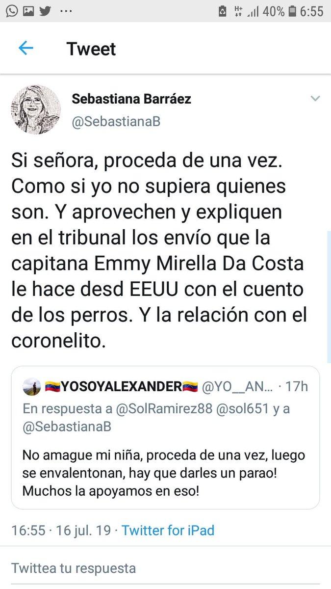 ASI PREPARA LA PALANGRISTA SEBASTIANA BARRAEZ LA MATRIZ DE OPINIÓN PARA QUE YO SEA DETENIDA POR LA TIRANÍA 
Asi <a href="/SebastianaB/">Sebastiana Barráez</a> denuncia q mi relación con con el Cnel Garcia Palomo va mas allá d defenderlo por la cadena d acoso desatada por ella contra el y sus mascotas Thor y Arpa