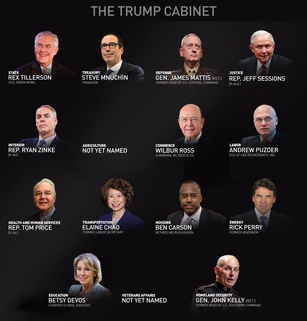 Trump’s not racist?  Well, he does have 1 token black man, 2/13 are female, and 10/13 are white men when white men are a minority in America.