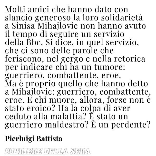 Corriere della Sera (@corriere) on Twitter photo Attenzione, perché un’esortazione sincera, una metafora usata con generosità, un incoraggiamento può rovesciarsi nel suo contrario: non è che chi muore è stato meno eroico di chi è guarito. Sul <a href="/corriere/">Corriere della Sera</a> di oggi il commento di Pierluigi Battista ift.tt/2O2IVYs Attenzione, perché un’esortazione sincera, una metafora usata con generosità, un incoraggiamento può rovesciarsi nel suo contrario: non è che chi muore è stato meno eroico di chi è guarito. Sul <a href="/corriere/">Corriere della Sera</a> di oggi il commento di Pierluigi Battista ift.tt/2O2IVYs