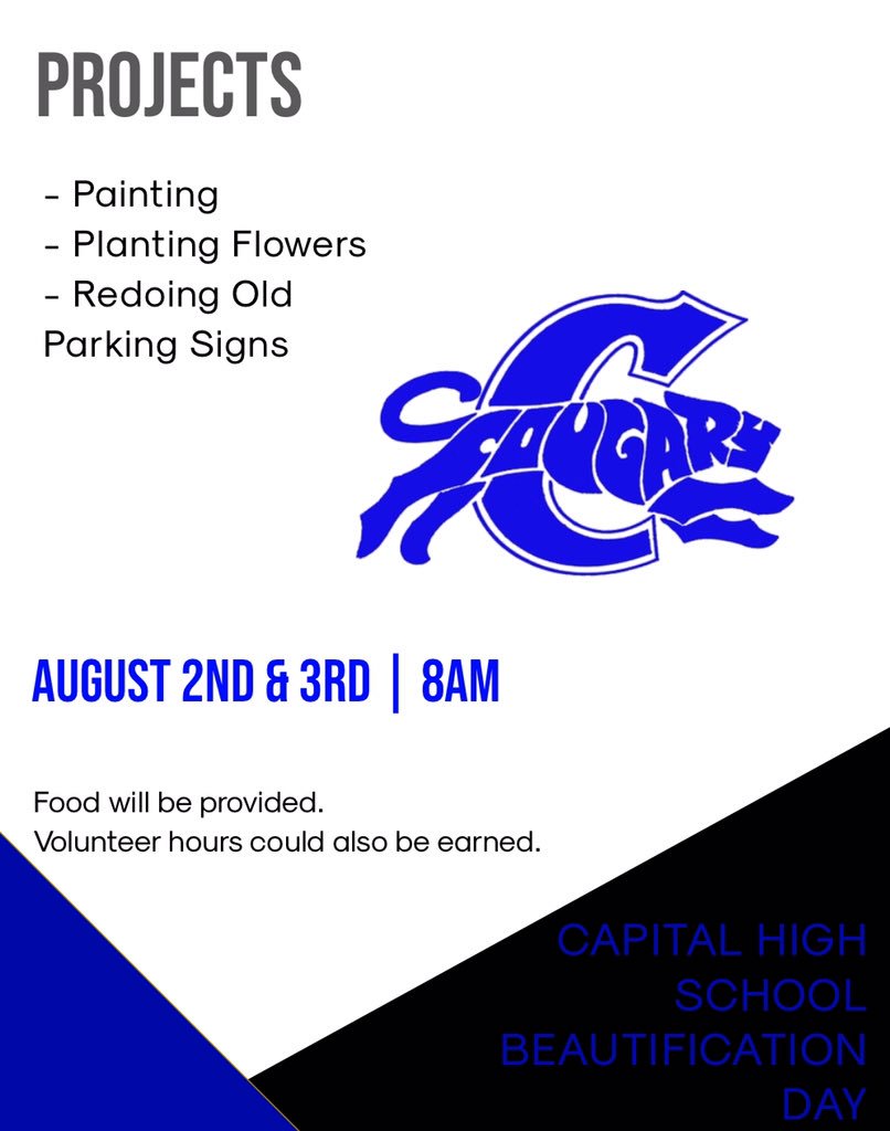 CHS_Cougars1989's tweet photo. Coaches &amp; Sponsors- 
On Friday, August 2nd and Saturday, August 3rd we are asking for groups (extra and co-curricular, clubs, etc) to join us in our work! Community service hours will be given, please let your organizations know! Message me for questions! https://t.co/yAY1L8f5lb