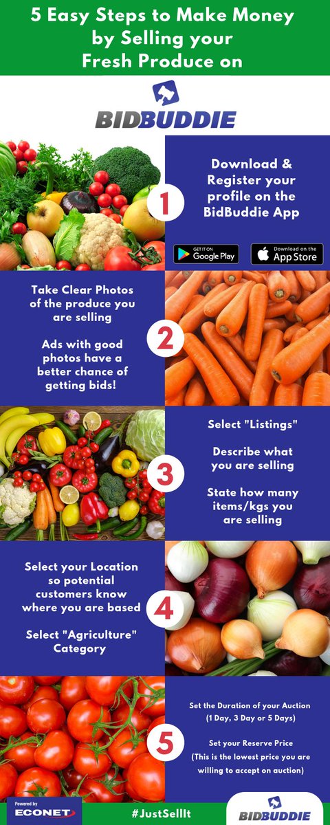 econetzimbabwe's tweet photo. Do you grow your own produce? 🥔🥕🍅🥦

Are you looking for a market to sell your fruits &amp; vegetables?

Download the #BidBuddie App &amp; auction your produce under our NEW Agriculture section! 

Follow these easy steps to Register! #INFOGRAPHIC

ZERO Fees for Listing or Bidding! https://t.co/7rtnNqKZpm