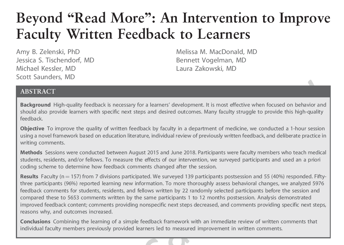 JournalofGME's tweet photo. A brief intervention that includes a framework for effective feedback and allows faculty to review their own evaluation comments resulted in small but measurable improvement in written feedback provided by faculty https://t.co/PW8dV6fhy6 #MedEd #GME https://t.co/gZUGCf6qrZ