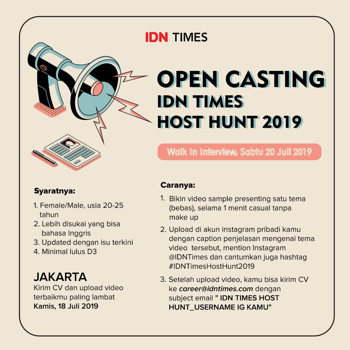IDNTimes's tweet photo. Open Casting - IDN Times Host Hunt 2019
Simak pesyaratan dan caranya ya, good luck!
#IDNMedia #IDNTimes #SuaraMillennial #DiversityisBeautiful #HostHunt #Host2019 #IDNTimesHostHunt2019 https://t.co/Y7IHdJPqWy