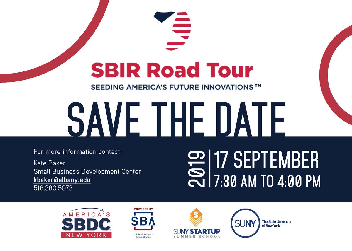 rfsuny's tweet photo. We are just two months away until the SBIR Road Tour! S4 enrollees are eligible for early registration and $5 off with the promo code "S4" for the SBIR Road Tour hosted by @SUNYPolyInst  on 9/17. Registration is now open: https://t.co/3XfCq1lWXz…/albanysbasbirroadtour/home https://t.co/z0K3j5SZTf