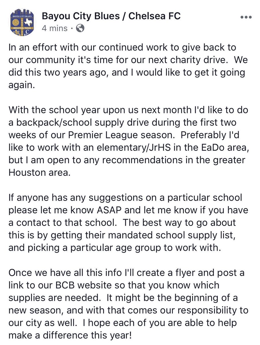 BayouCityBlues's tweet photo. #Houston @ChelseaFC fans, it’s that time of year again to give back to our community. Let us know if you have a school in mind which we can help. #HoustonChelsea #GiveBackToHouston #SchoolSupplyDrive https://t.co/x00iReU7Rh
