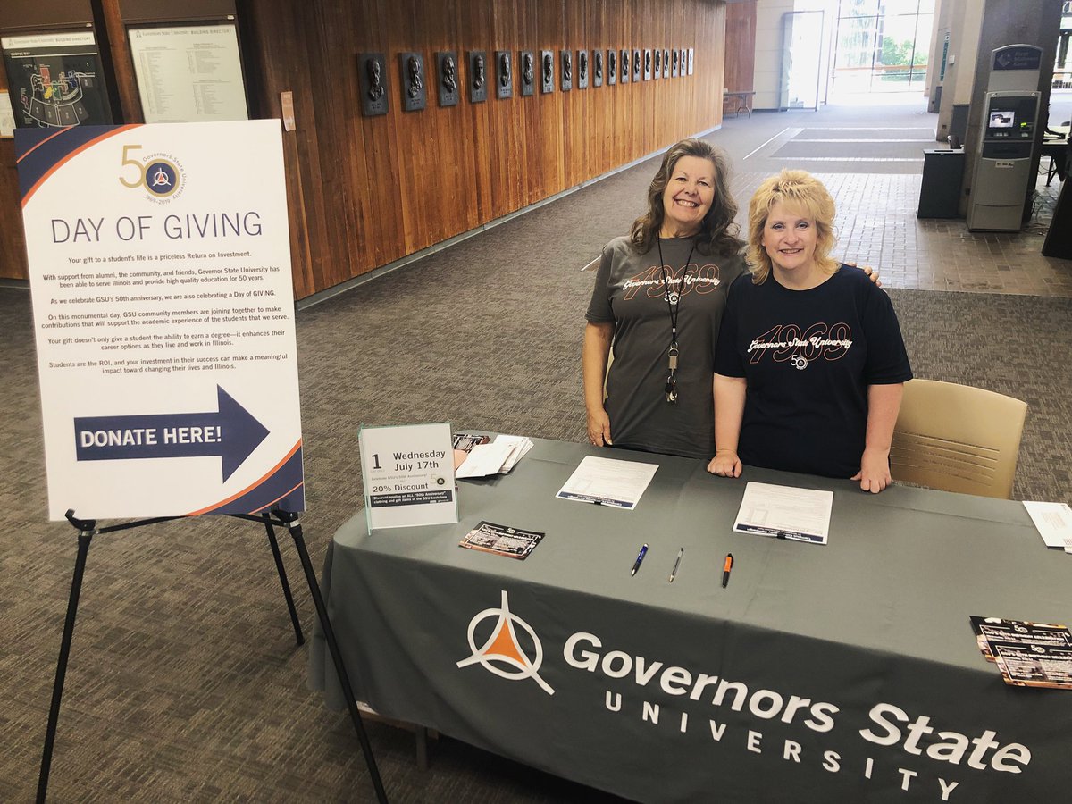 Governors_State's tweet photo. Kick off the #GovState 50th birthday this morning and Donate for Donuts with representatives from Institutional Advancement! #GovState50th 🍩🐆🧡🖤 https://t.co/jRXUp5fMqz