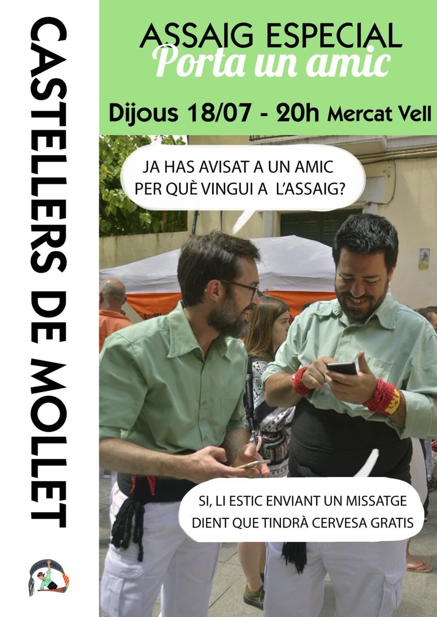 CastellerMollet's tweet photo. [ASSAIG ESPECIAL]

▶️ Demà tenim assaig especial: PORTA UN AMIC!

🕖 20.00h 📍Mercat Vell

🍍 Com més siguem, més proves tancarem‼️

#AmbTuMésAmunt
#SomElQueDonem 
#FMGallecs https://t.co/IeOk11xqqi
