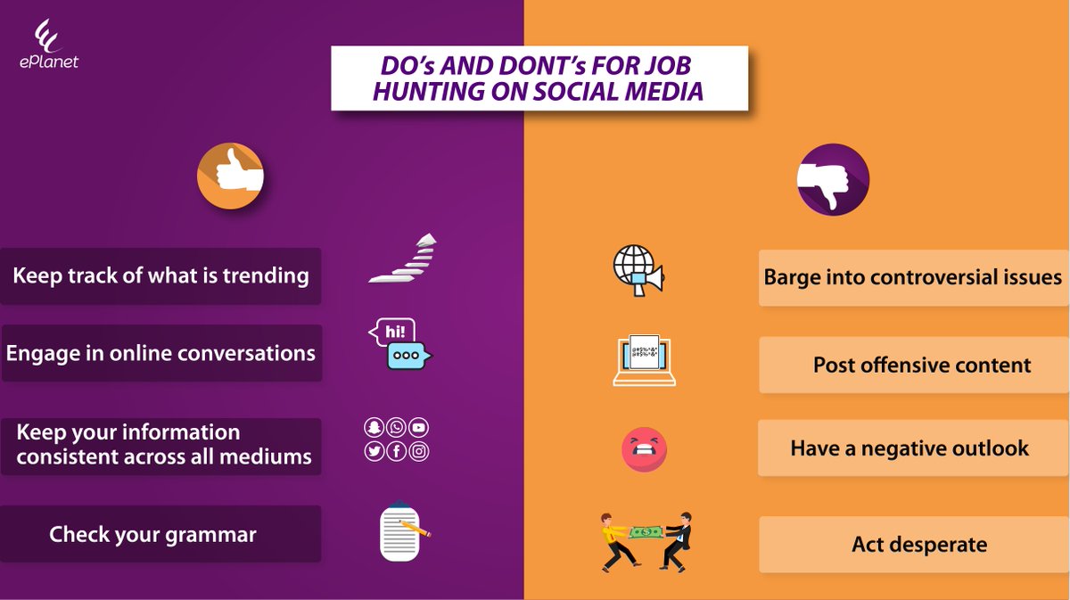 ePlanetComm's tweet photo. Use these tips to help you in better job hunting.

#DosDonts #Tips #JobHunting #SocialMedia #Trending #Engage #OnlineConversation #CheckGrammar #Information #Consistent #ePlanetPak #ePlanet #EPC https://t.co/2L2oCtbOsM