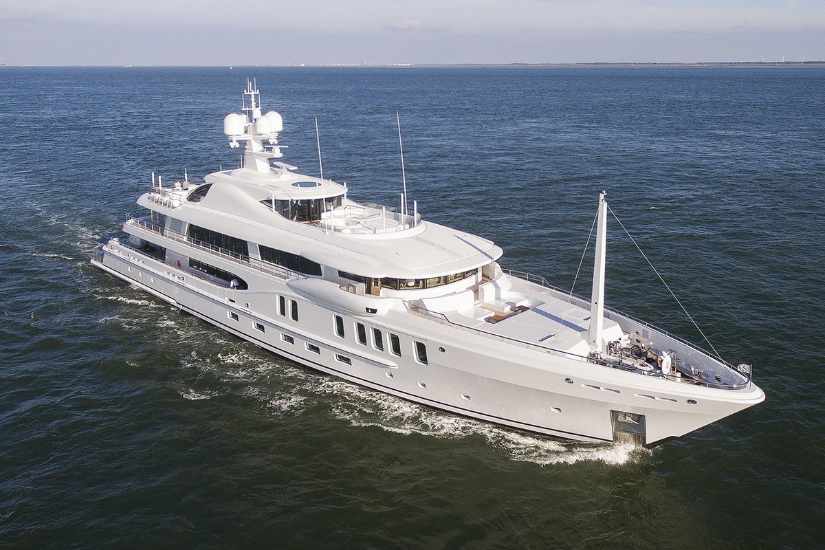Dutchyachting's tweet photo. #AmelsHolland’s first #LE220, #AuroraBorealis (ex #ProjectWaka, #YN22004), was launched on April the 5th and left #Flushing for #Antibes yesterday evening. The 67.11m/ 220'2" #yacht is still listed for sale with an asking price of € 83,5M / US$ $ 94,177M. Photos: @maritimephoto https://t.co/BTmYXD3a2W