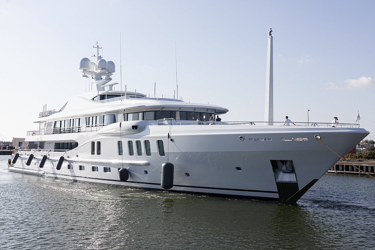 Dutchyachting's tweet photo. #AmelsHolland’s first #LE220, #AuroraBorealis (ex #ProjectWaka, #YN22004), was launched on April the 5th and left #Flushing for #Antibes yesterday evening. The 67.11m/ 220'2" #yacht is still listed for sale with an asking price of € 83,5M / US$ $ 94,177M. Photos: @maritimephoto https://t.co/BTmYXD3a2W