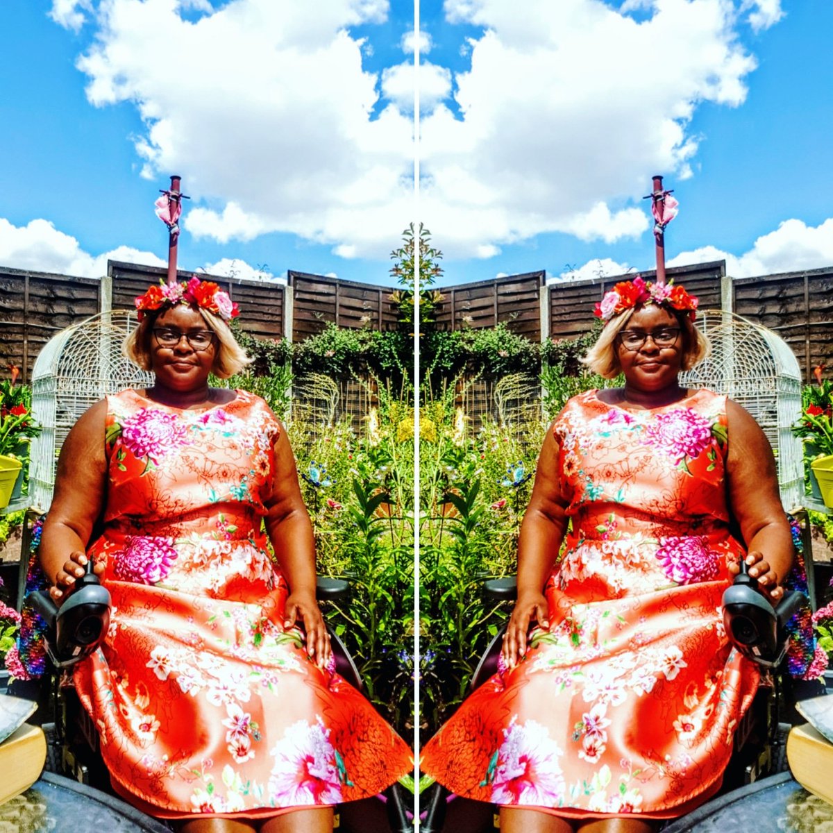 Petra81's tweet photo. 🧡 Absolutely adore my new dress from @Debenhams chosen by @GuvnaSimon 🧡 #newdress #debenhams #psootd #orangedress #floralpriint #floraldress #prettydress #flowercrown #plussizefashion #plussize #disabled #wheelchairlife #worldwifeweb https://t.co/ACWNr4BSx6