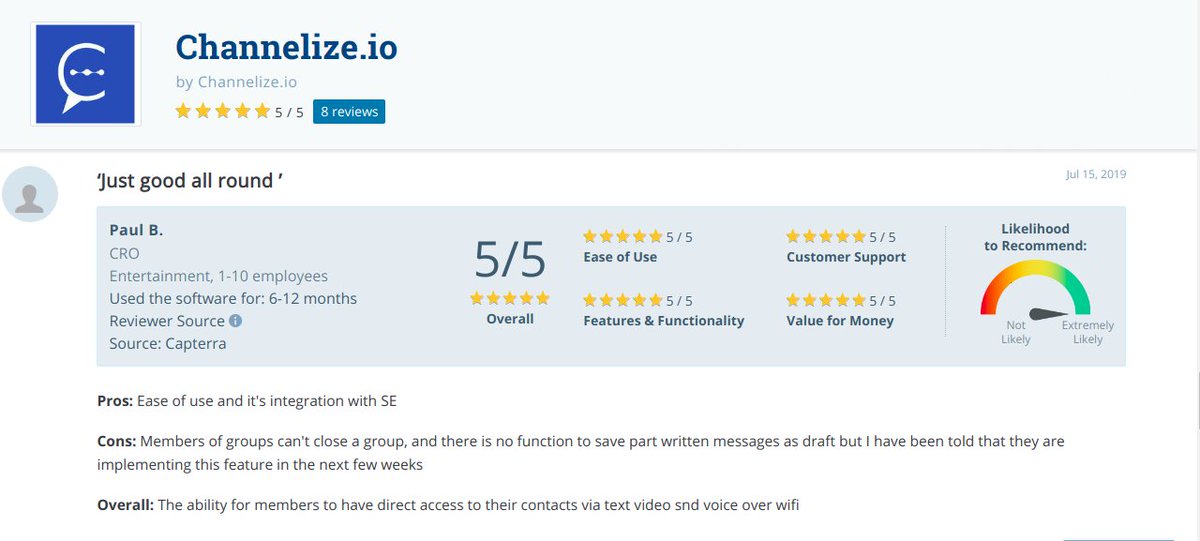 ChannelizeIO's tweet image. Proud moment! One more 5-star rating ⭐️ 

Thank you for trusting us with your In-App Messaging needs.

Check out all Channelize reviews at capterra.com/p/183087/Chann…

#InAppMessaging #ChatSDK #ChatAPI #InAppChat #SaaS #CPaaS #Messaging