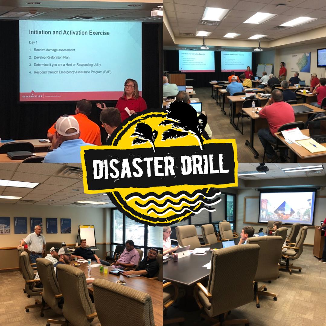 ElectriCitiesNC's tweet photo. ⚠️ #ThisIsOnlyADrill ⚠️
Kathy Moyer (top left) initiates the 2019 #DisasterDrill simulation. Throughout the ElectriCities' Raleigh office, support staff from our member cities begin to work their emergency response plans to the damage assessment reports. @publicpowerorg https://t.co/2uphVR3d4X