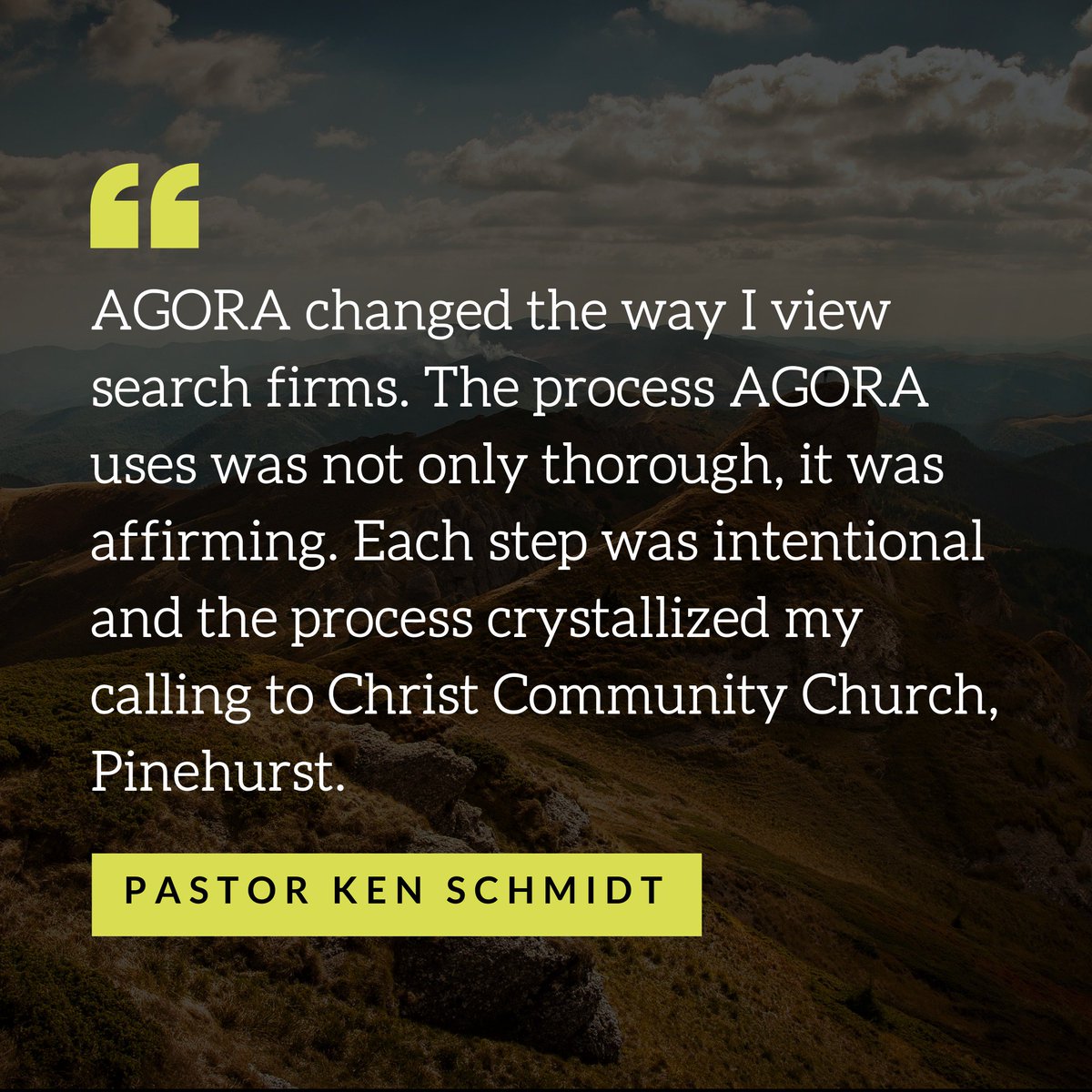 AGORASearchGrp's tweet image. "AGORA changed the way I view search firms. The process AGORA uses was not only thorough, it was affirming. Each step was intentional and the process crystalized my calling to Christ Community Church, Pinehurst." ⁣- Pastor Ken Schmidt⁣
⁣
#churchstaffing 
#ministryjobs