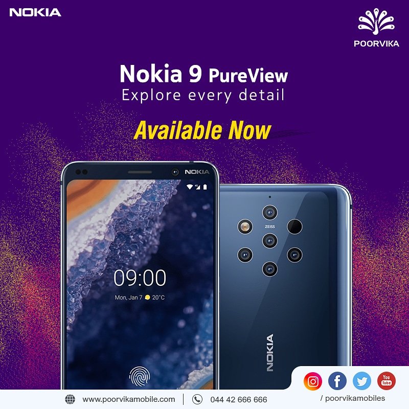poorvika_india's tweet image. Capture &amp;amp; explore every detail of your image with the latest #Nokia 9 PureView , which has #FiveCameras with ZEISS Optics embedded in ! Catch this phenomenal smartphone at your nearest Poorvika Mobiles store ! 
Buy Online: bit.ly/2M088jF
#PoorvikaMobiles  #Nokia9Pureview