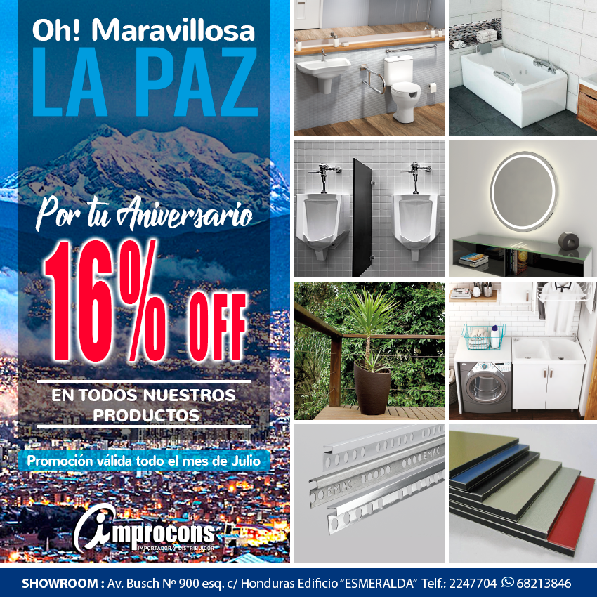 improcons's tweet photo. Oh! maravillosa LA PAZ por tu aniversario
-16% OFF EN TODOS NUESTROS PRODUCTOS
Promoción Válida por todo el mes de Julio 2019

IMPROCONS - Encuéntranos en nuestro SHOWROOM 
LA PAZ: Av. Busch Nº 900 esq. c/ Honduras Edificio “ESMERALDA” Telf.: 2247704 - Móvil: 68213846 https://t.co/AIhtYjm7A2