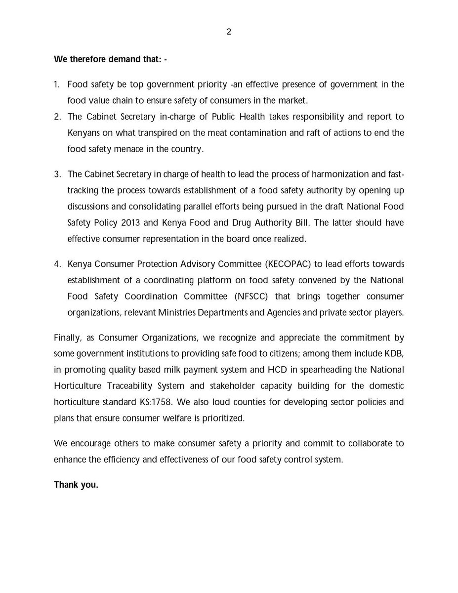 Consumers_Kenya's tweet photo. We therefore demand that: 
a.  Food safety be top government priority -an effective presence of government in the food value chain to ensure safety of #consumers in the market. @kiragungotho1 @CalebKaruga @FAOKenya @socaakenya @kilimoKE #SafeFoodSecureKenya #SafeFoodKenya https://t.co/dmjLbbl5NC