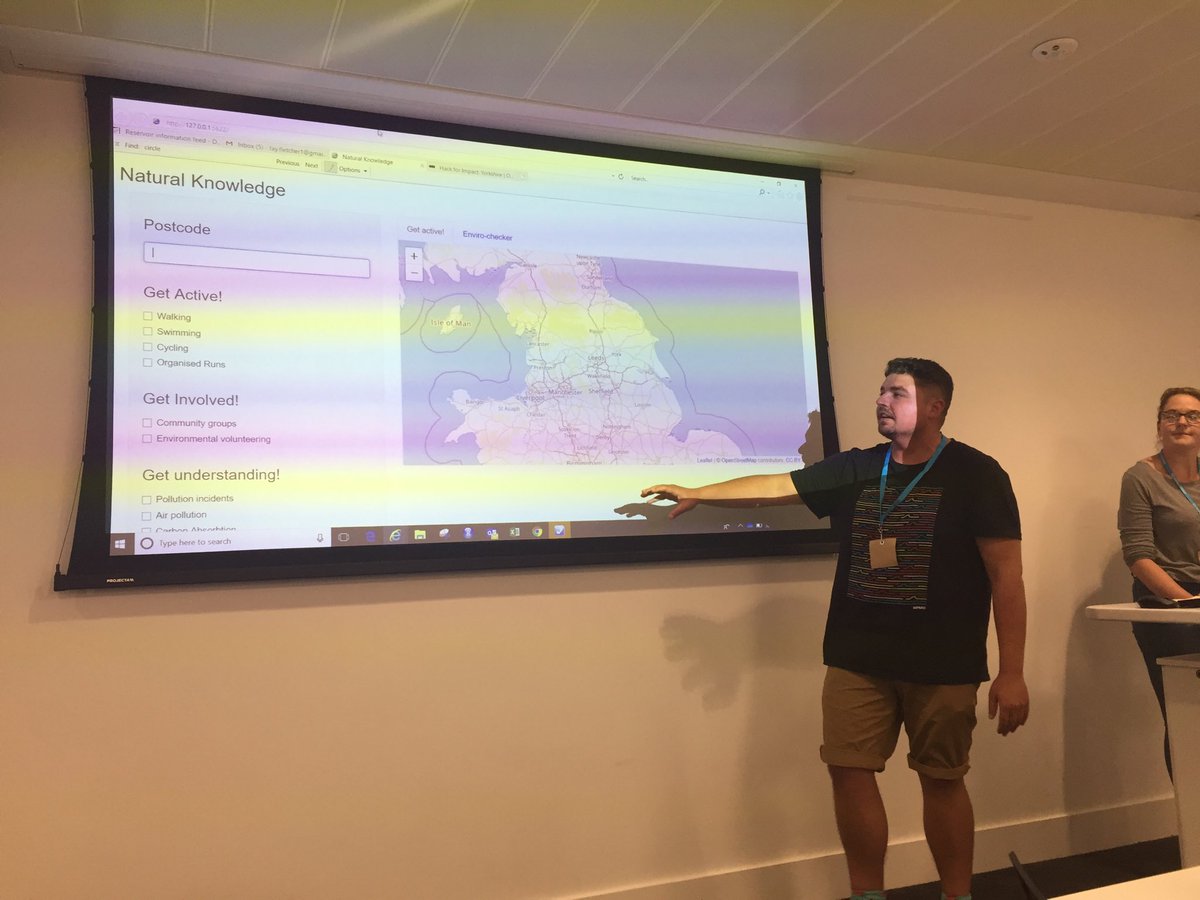 HanCJames's tweet photo. We’re up! The ⁦@YorkshireWater⁩ #HackForImpact team demonstrates the ‘nature knowledge’ tool letting people search for nearby opportunities to get active, volunteer or learn outdoors. #SixCapitals https://t.co/jUd4YIeIE1