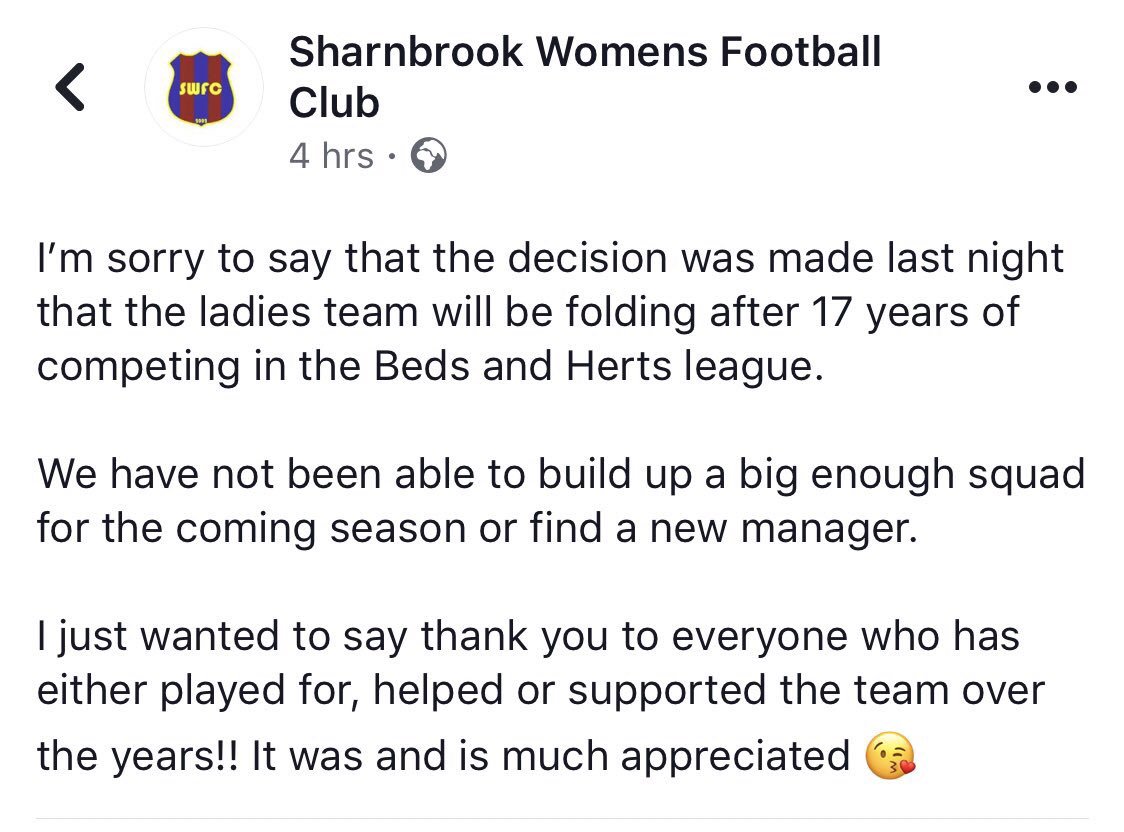 SWFC2002's tweet image. The difficult decision has been made that unfortunately the ladies team will be folding. A big thank you to past and present players, coaches and managers for all the support over the years.
