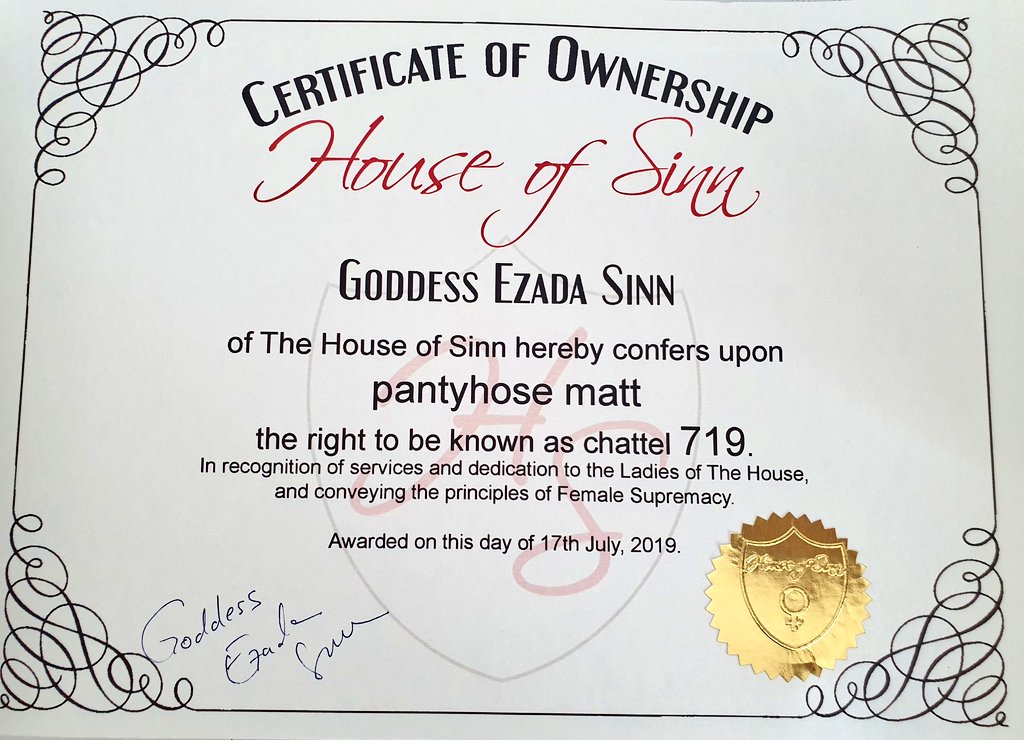 Ezada_World's tweet photo. Congratulations @pantyhose_mat, you are now officially a House of Sinn #chattel.

your hard work and loyalty is rewarded. Kiss My foot and thank Me! https://t.co/ufC1r0czdA