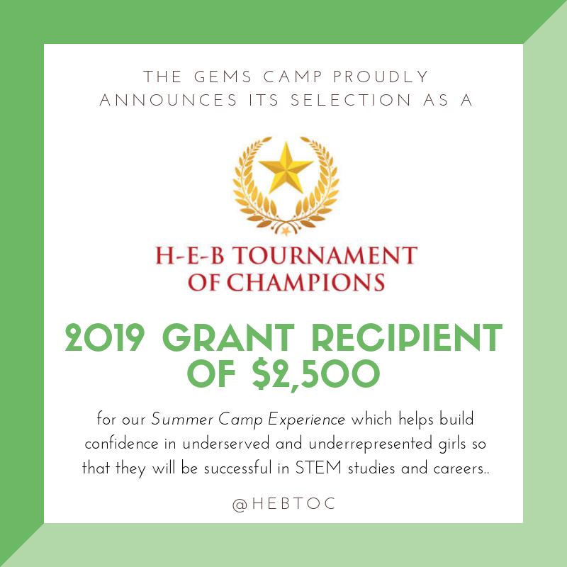 thegemscamp's tweet photo. We are thrilled to announce we have received a $2,500 grant from the H-E-B Tournament of Champions. They have funded The GEMS Camp since 2014! Thank you @hebtoc !!! #GEMSCamp2019 #HEBTOC #STEM #girlpower #NTXSTEM #DFWSTEM https://t.co/fhMs0l4NXR