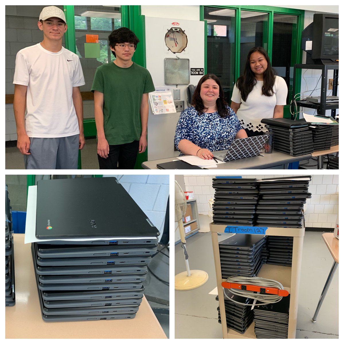 _SalemHigh_'s tweet photo. Hereโs #theroomwhereIThappens! Thx to Ms. Marquis & Chris, Jack & Fiona, our terrific student #techteam, for their fine work in prepping new devices for expansion of our #1to1 #chromebook program throughout SHS! @SalemSchoolsk12 #techtolearn #elearning @MsMSHSScienceS1 https://t.co/RZJqzUInms