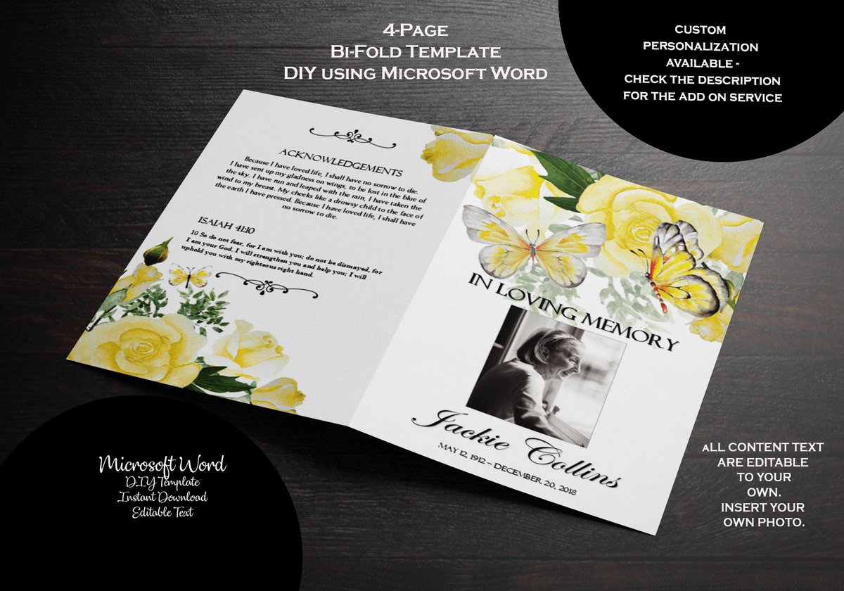 PDDClipArt's tweet photo. DIY Printable Memorial Program | Yellow Roses & Butterflies Printable Funeral Program Template | Memorial Program | Editable MS Word https://t.co/ZCz9Hwc8IZ #everythingelse #graphicdesign #yellow #griefmourning #green #programstemplate #funeralprogram #orderofservice https://t.co/5TD4nqS3bx