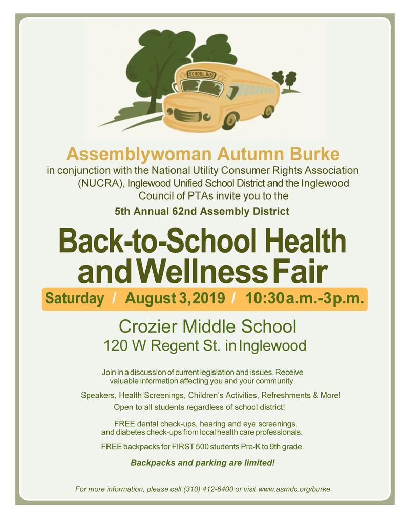 mitchellLESD's tweet photo. On 8/3/19 @autumnrburke will be hosting the 5th  Annual #BackToSchool Health &amp; Wellness Fair.  This community event will feature free backpacks and school supplies! Join us at Crozier Middle School in #Inglewood from 10:30 AM - 3 PM. 

We hope to see you there! https://t.co/2VAF7aMHwy