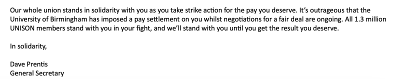 DavePrentis's tweet photo. Solidarity with UNISON members striking for a proper pay - and against an imposed pay offer - at the University of Birmingham. Our whole union stands with you https://t.co/CyxADLzQ6h