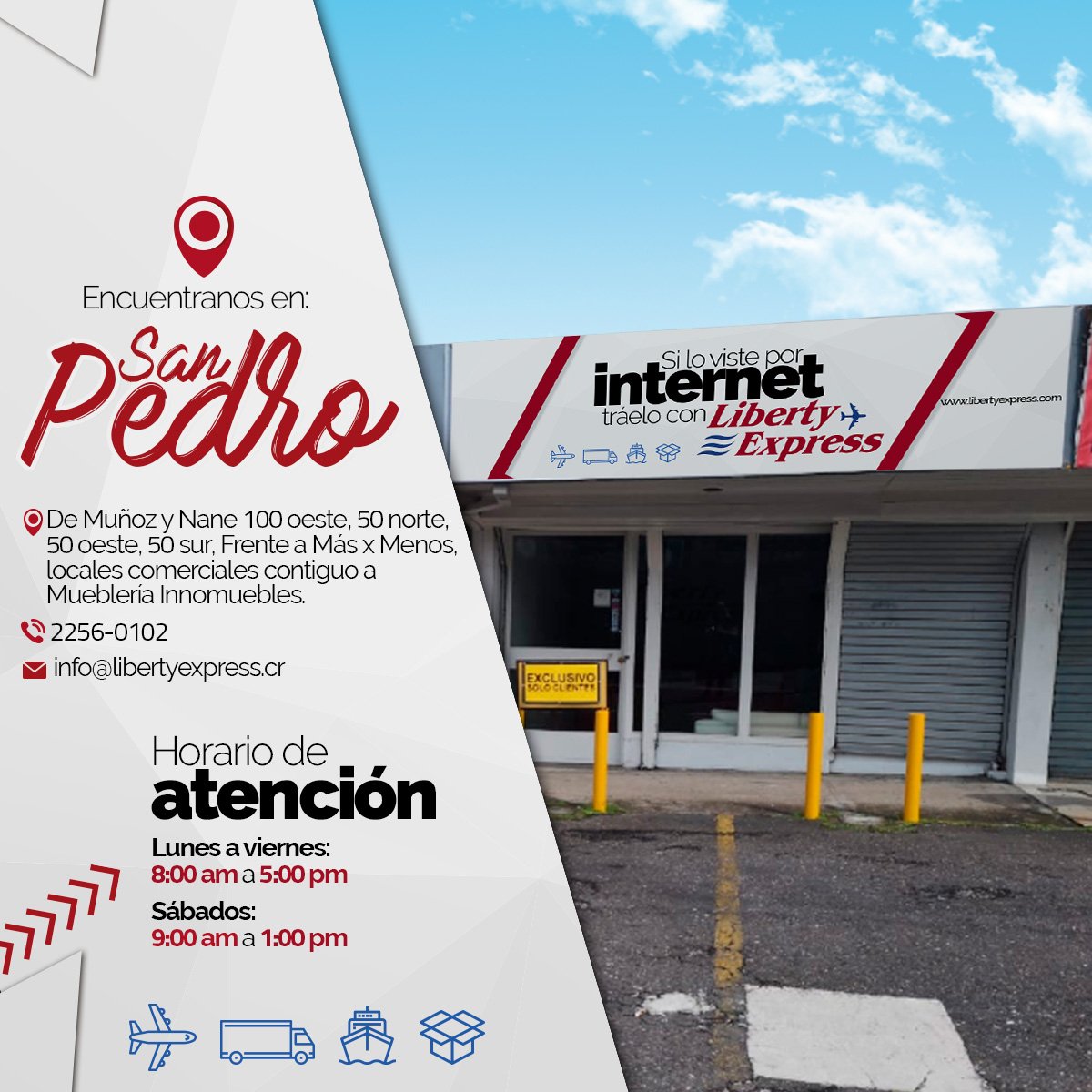 libertyExpCR's tweet photo. Recuerda que estamos en San Pedro, ¡te esperamos!
.
#movemostumundo #LibertyExpressCR #SanPedro #comprasporinternet #traslados #mudanzas https://t.co/fwBRen9yvp