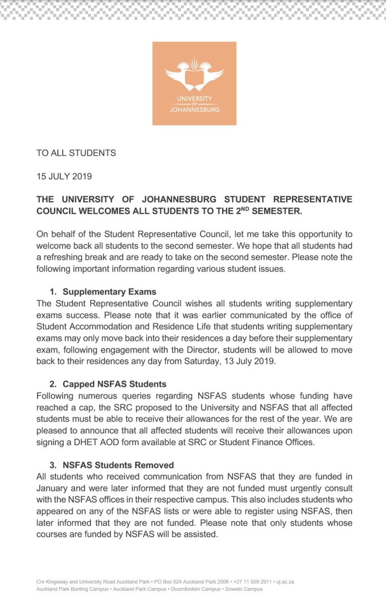 UJSRC2019's tweet photo. THE UJ SRC WELCOMES ALL STUDENTS TO THE SECOND SEMESTER
#StudentsFirst https://t.co/5eWj9Dfdn7