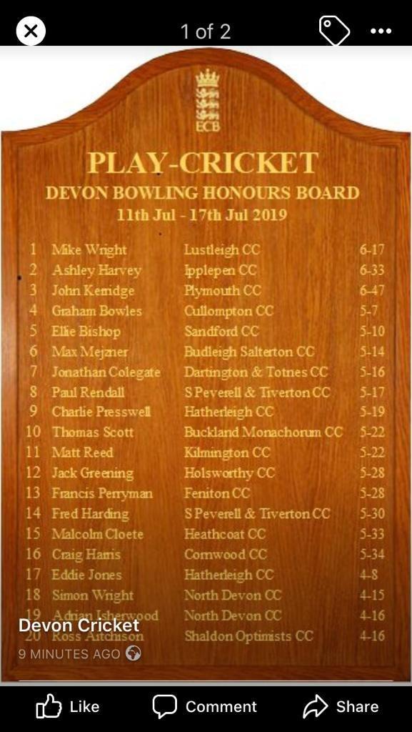 Top of the Devon cricket league stats for bowling last Sat - Captain Mike Wright!