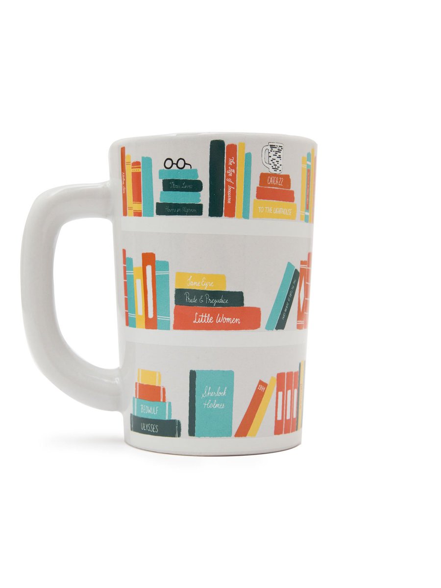 image of a coffee mug with illustrated bookshelves