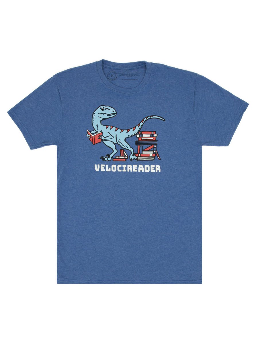 image of a blue t-shirt with a dinosaur reading a book that says VELOCIREADER