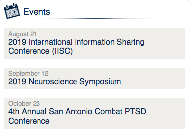UTSAResearch's tweet image. Peruse the #UTSA research calendar:
research.utsa.edu/events
2019 Int'l Info Sharing Conf. | Aug. 21-22
2019 #Neuroscience Symposium | Sept. 12
4th SA Combat #PTSD Conf. | Oct. 23-24
Resilience Week 2019 Symposium #INL | Nov. 4-7
8th Vaccine Dev. Ctr of #SATX Conf.| Nov. 14