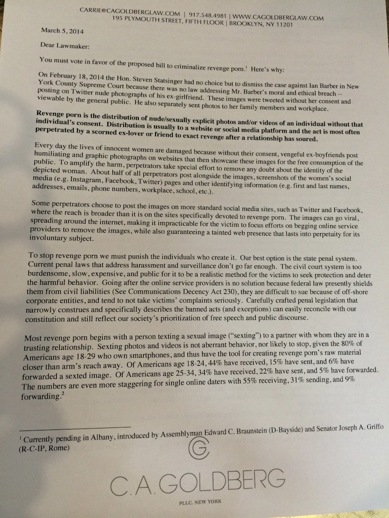 cagoldberglaw's tweet image. Even though I was a lawyer, I had no idea what to do.  In Jan 2014, I quit my job and started my law firm to help other victims of sexual privacy violations. I had no money and no clients. So I spent my time sending letters, emails, tweeting, and blogging to NY lawmakers