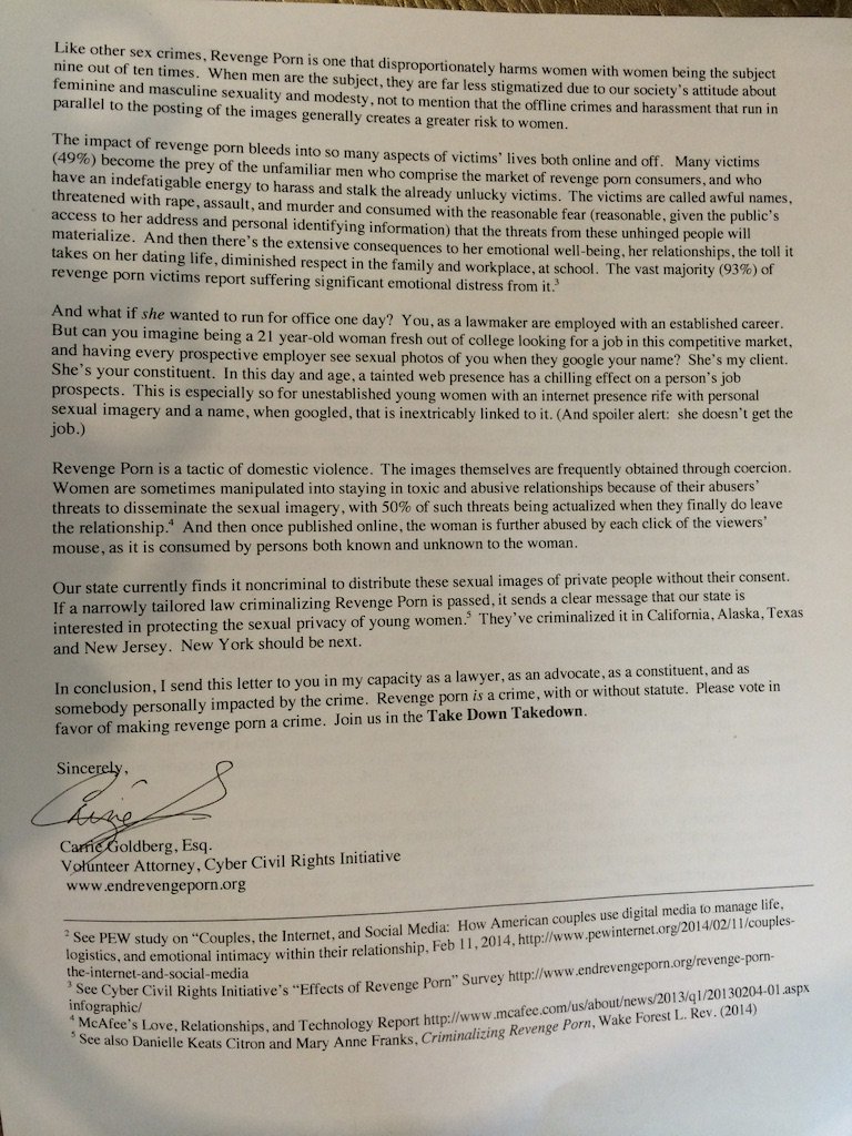 cagoldberglaw's tweet image. Even though I was a lawyer, I had no idea what to do.  In Jan 2014, I quit my job and started my law firm to help other victims of sexual privacy violations. I had no money and no clients. So I spent my time sending letters, emails, tweeting, and blogging to NY lawmakers