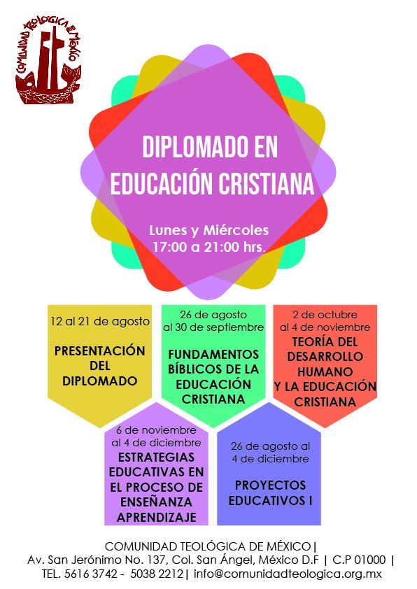 ComTeoldMex's tweet photo. ¡Inscripciones abiertas!
Diplomado en Educación Cristiana
Inicio de clases 12 de agosto 

COMUNIDAD TEOLÓGICA DE MÉXICO.
Av. San Jerónimo No. 137, Col. San Ángel, México D.F.| C.P 01000

Tel: 5616 3742 - 5038 2212
info@comunidadteologica.org.mx

https://t.co/fxx7maeze0 https://t.co/RTysYC64Ln