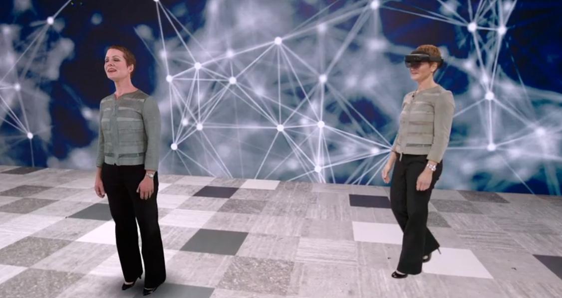 Microsoft's tweet image. .@JulWhite shows how technology and holographic experiences can break down language barriers on the #MSInspire stage.