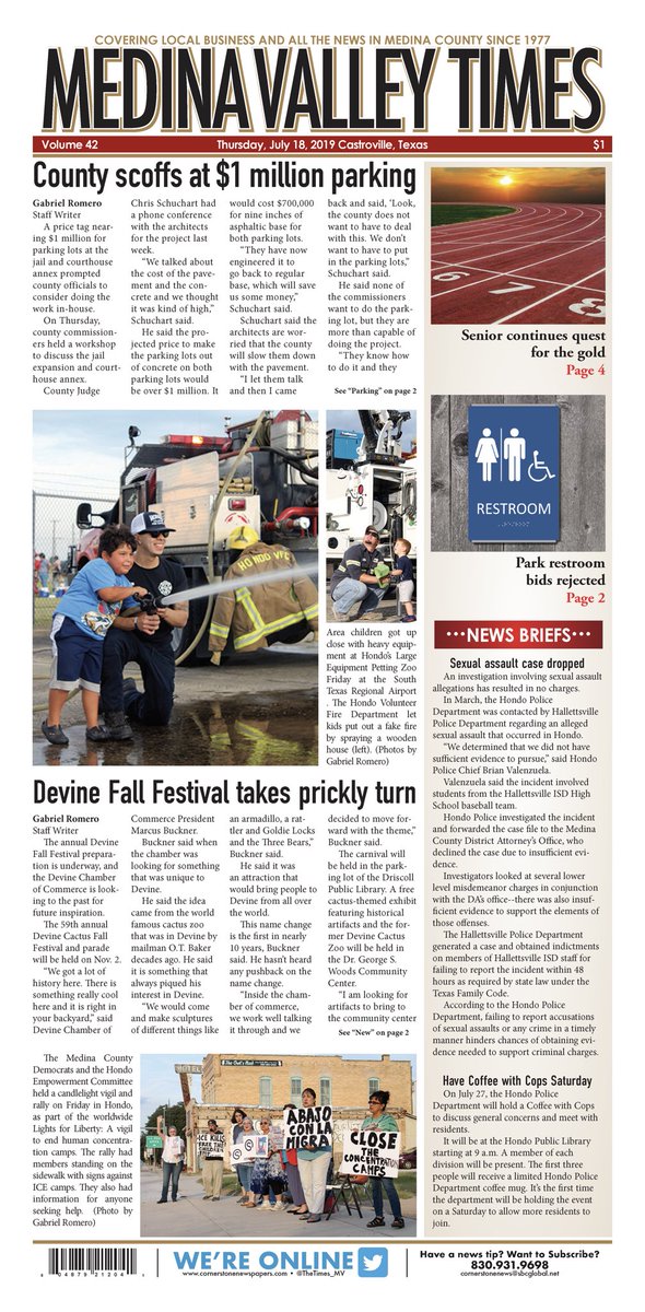 Here is a look at your Medina Valley Times front for this week. County officials debated parking lot costs while emergency services reached out to the community. Pick up your copy this week.