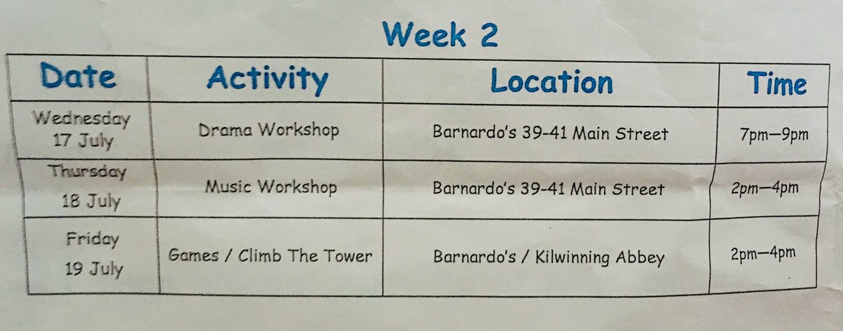Hi Guys, so tonight is the beginning of the Second Week of our Programme !!!

Tonight we will be at Barnardos up Kilwinning Main Street for a super fun and Active Drama Workshop 😆😆 

The Times for tonight’s group is 7-9pm 

#KYFSummer19
#TogetherWeCanBuildABetterPlace