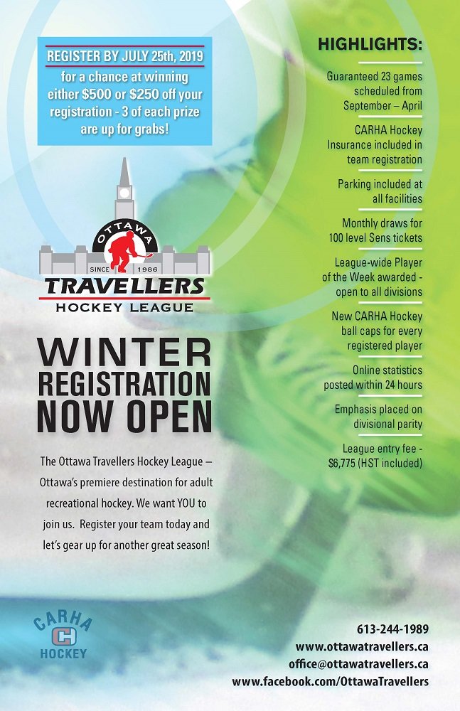 Registration is OPEN for the 2019-20 winter season with <a href="/TravellersHKY/">Ottawa Travellers</a>! Register your team by July 25th and you could save up to $500 on your registration - bit.ly/2Ghtcyo!